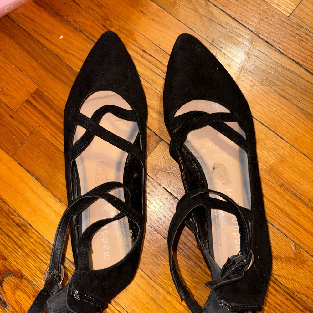 Madden Girl Black Flats with Straps and zipper in the back